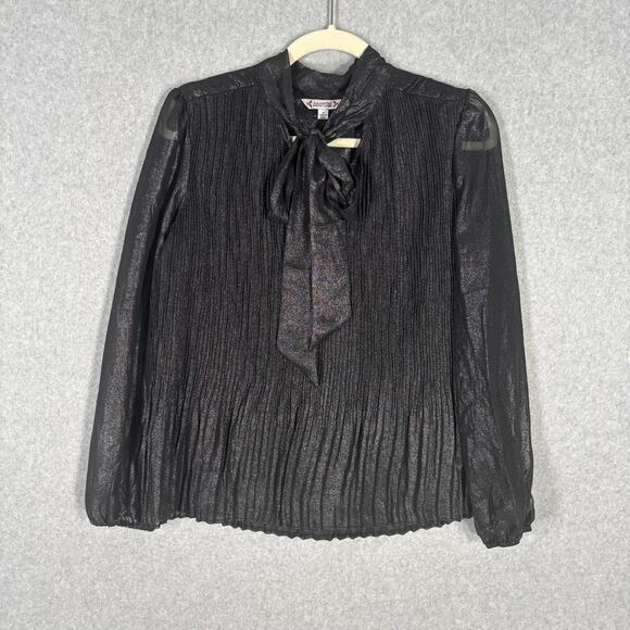 Nanette Lepore Blouse Small Metallic Sheer Sleeve Neck Bow Tie Cord Pleated - Picture 1 of 13